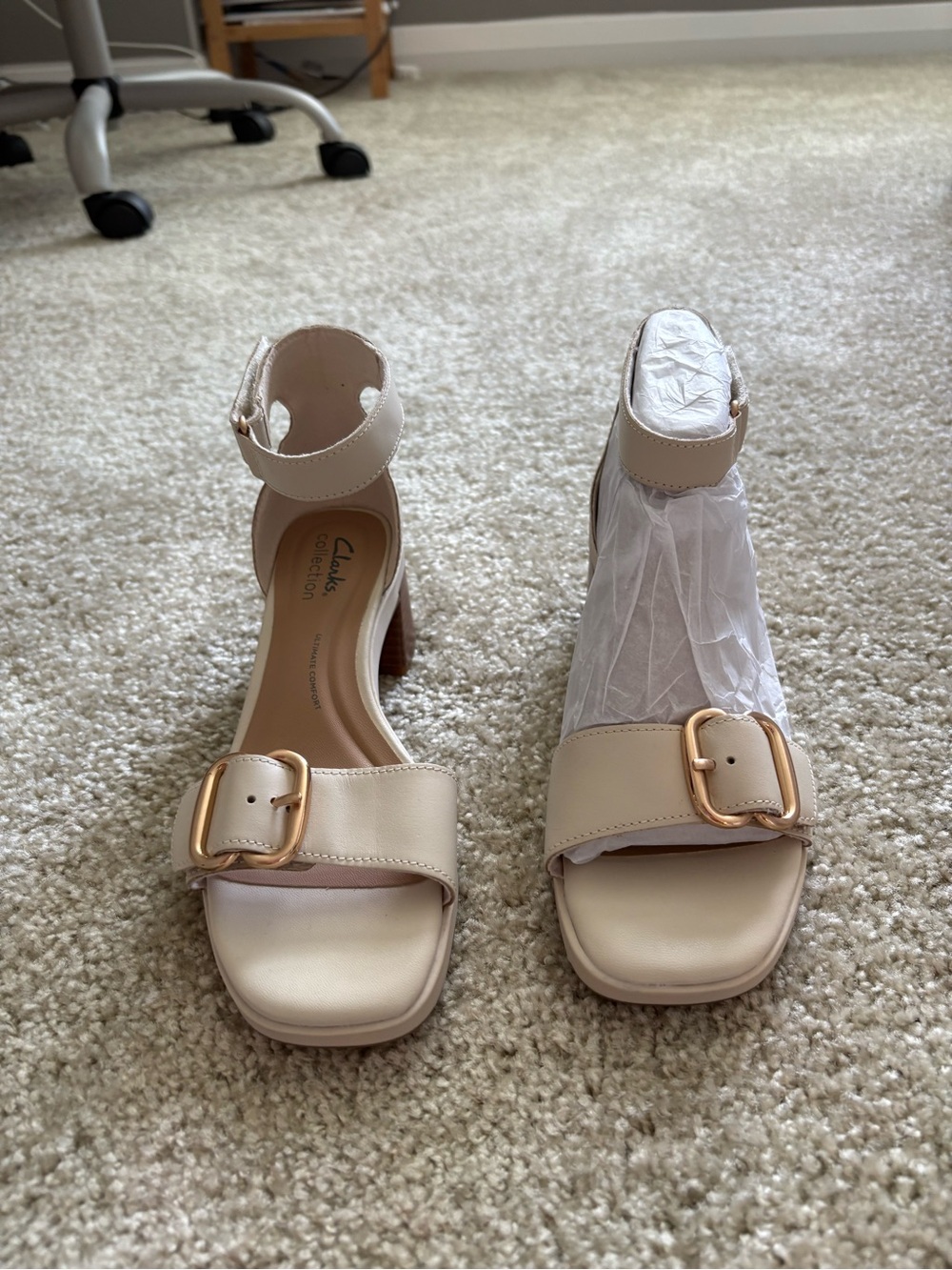 Clarks Cream Ankle-Strap Block Heel Sandals with Gold Buckles